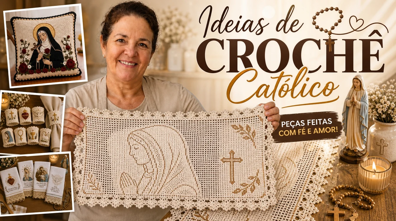 Vilma apresentando uma peça de crochê católico ao lado de outras criações devocionais